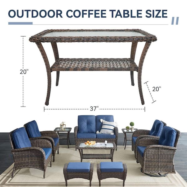 PlainArm Brown Rectangle Wicker Outdoor Coffee Table with Tempered Glass Top for Patio/Porch