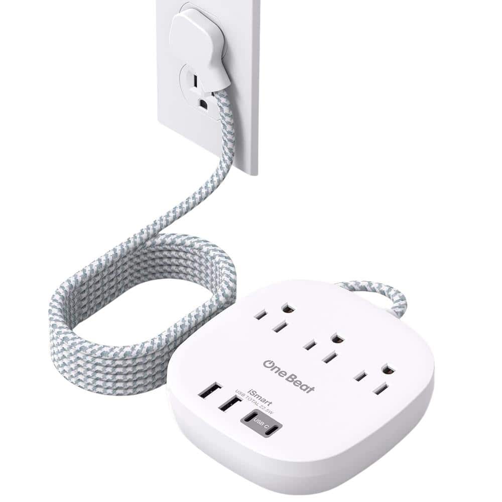 10 ft. Flat Plug Power Strip Ultra Thin Extension Cord, 3 Outlets, 4 USB Po
