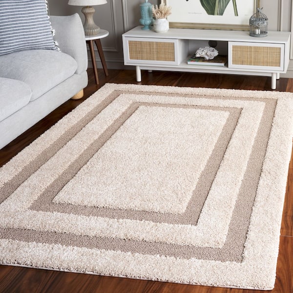 Florida Shag 9 ft. x 12 ft. Beige/Dark Beige Solid Border Area Rug