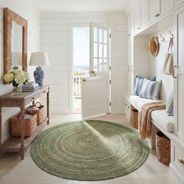 Cape Cod 8 ft. x 8 ft. Round Green/Natural Striped Border Area Rug