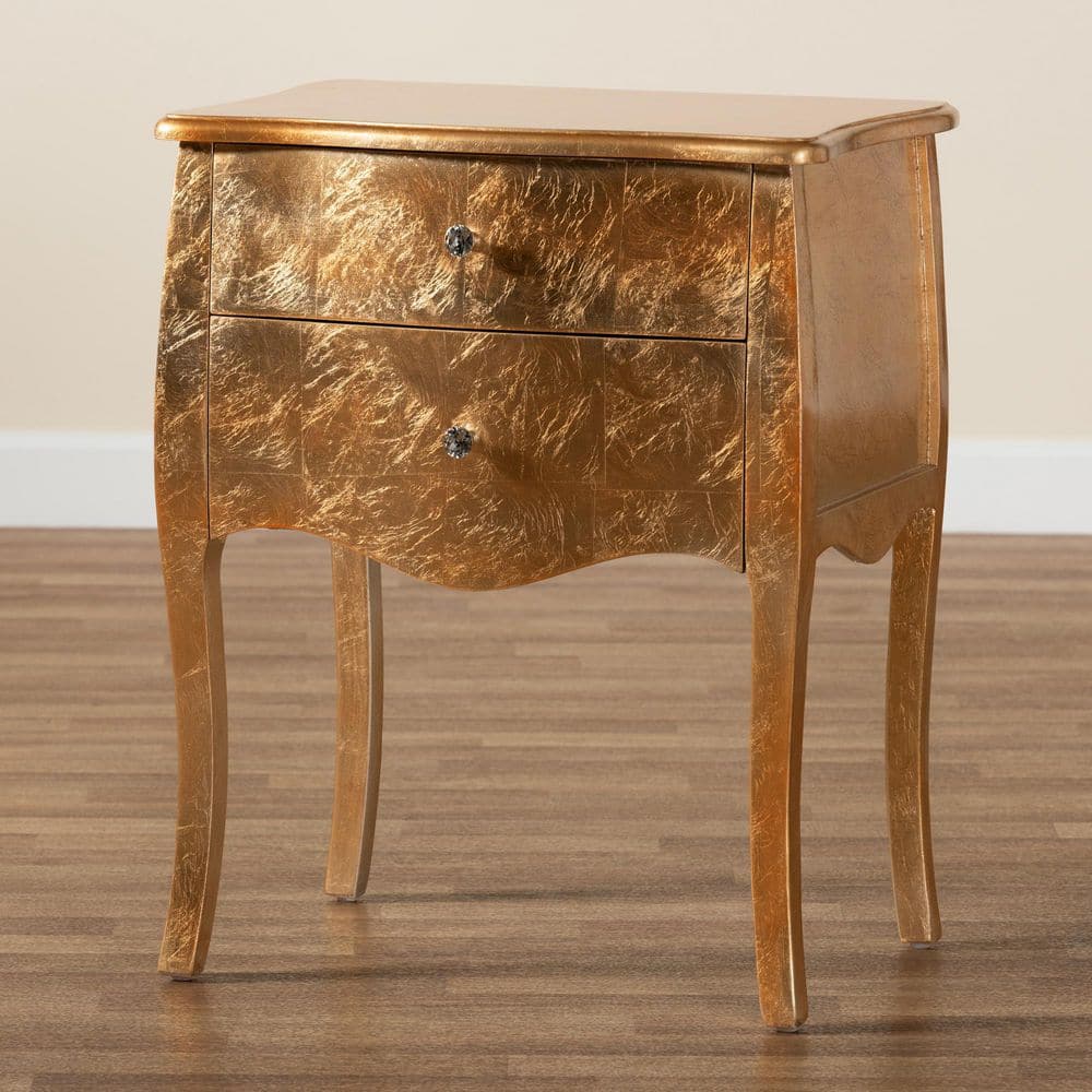Gold Finished Wood 2-Drawer Nightstand with Faux Crystal Knobs