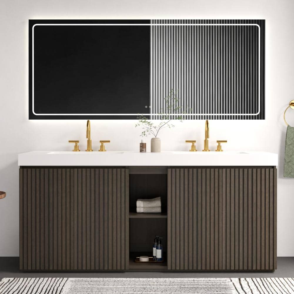 72 in. W Large Double Sink Freestanding Smoked Oak Bath Vanity with White Solid Surface Top price history on PriceWatchPro