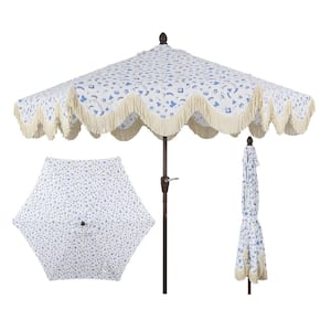 Collins 9 ft. Tassel Market Patio Umbrella with Auto-Tilt, Crank, Wind Vent and UV Protection in Blue/White/Cream