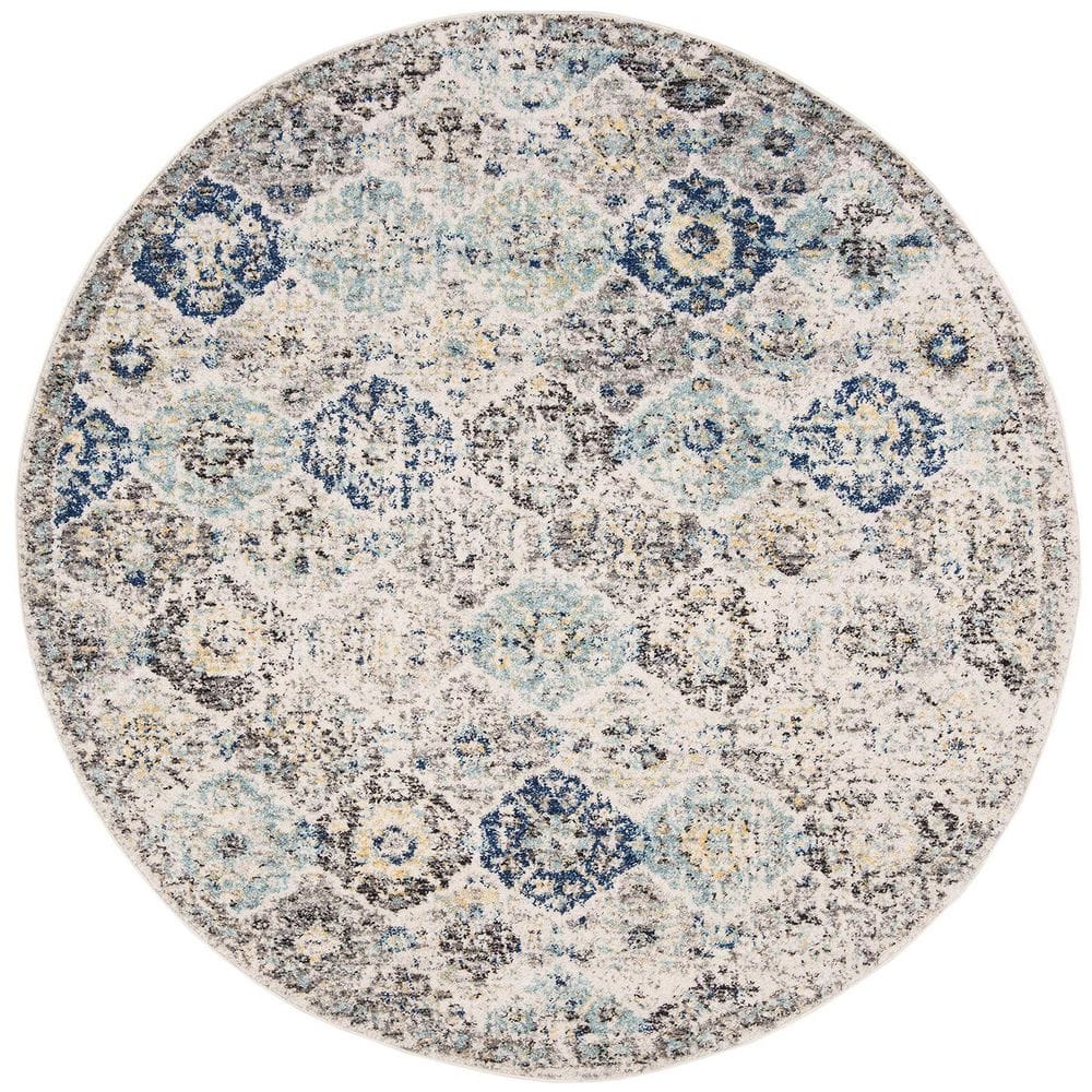Blue Polypropylene 4 ft. x 4 ft. Floral Indoor Round Area Rug