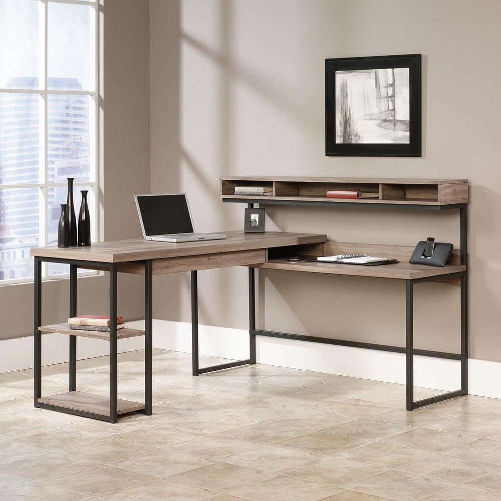 Select 61 in. L-Shaped Salt Oak Finish Engineered Wood Desk with Hutch