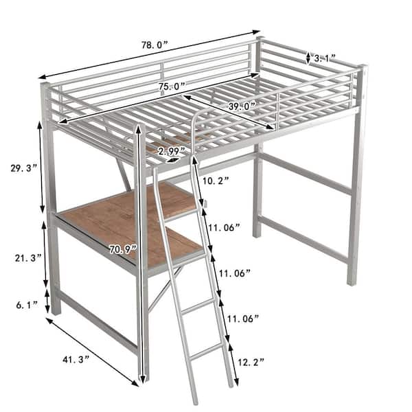 ANBAZAR Silver Twin Size Loft Bed with L shaped Desk and Shelf