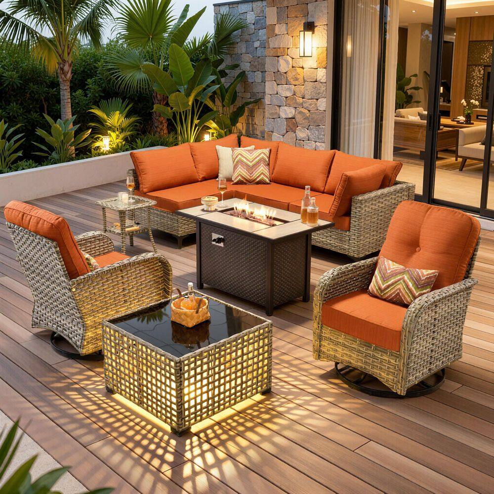 Holly Gray 9-Piece Wicker Patio Rectangle Fire Pit Conversation Set with Orange Red Cushions and Solar LED Coffee Table price history on PriceWatchPro