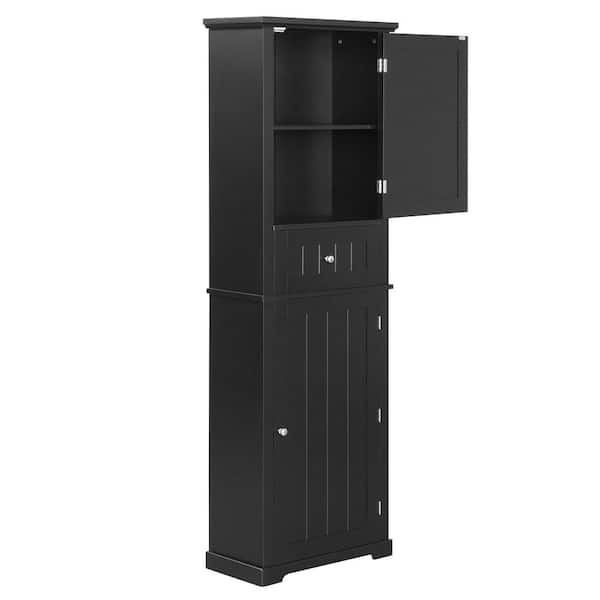 22 in. W x 11 in. D x 68 in. H Black MDF Freestanding Linen Cabinet with Door and Drawers, Adjustable Shelf