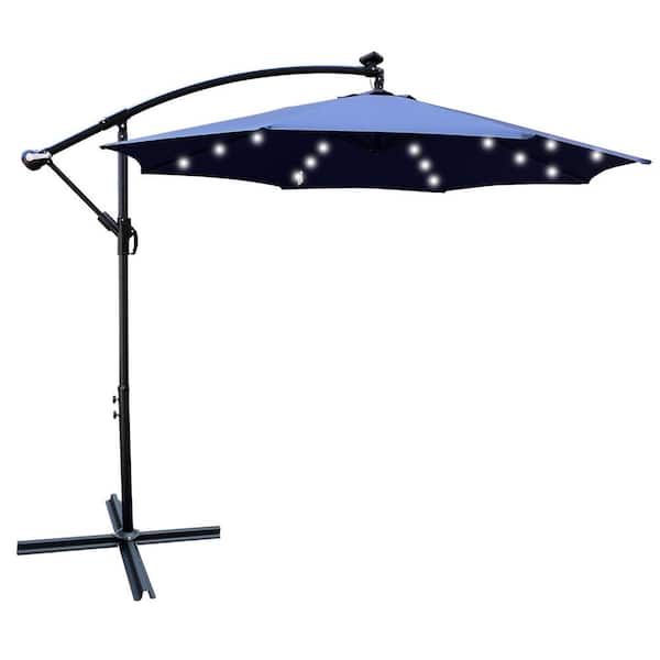 GAWEZA 10 ft. Steel Cantilever Solar Patio Umbrella in Navy Blue Offset Hanging Umbrella with 24 Solar LED Light and Cross Base