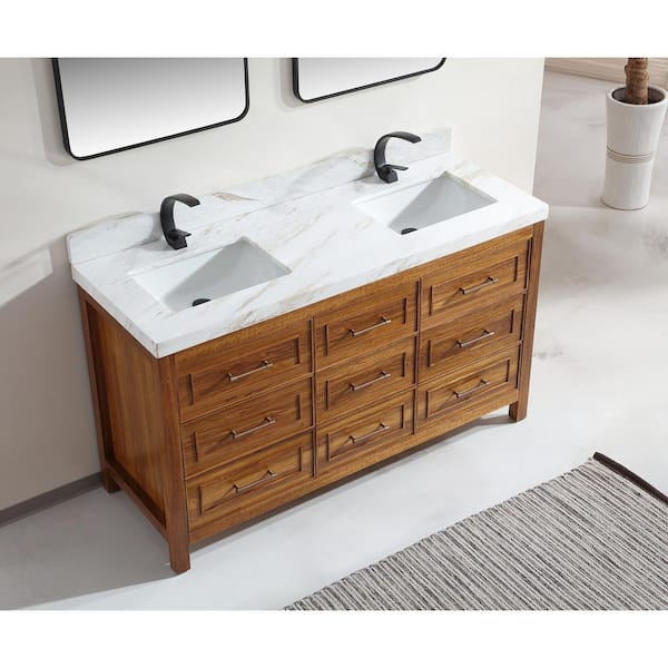 Luxury Ebony Series 60 in. 1 Freestanding Light Brown Finish Bath Vanity with 2 in. White Natural Marble Top Assembled