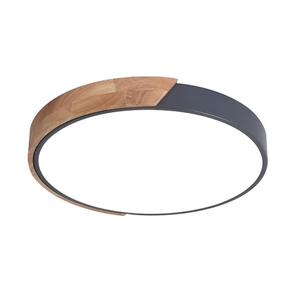HUOKU Lumin 15.8 in. 1-Light Wood and Gray Dimmable Integrated LED Flush Mount for Bedroom Kitchen Living Room (6000K)