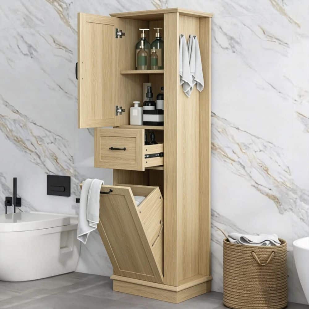 Natural 67.8 in. H Accent Storage Cabinet with Tilt-Out Compartment, Adjustable Shelves
