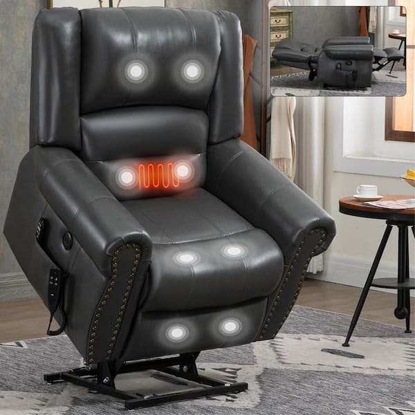 Clihome Grey Faux Leather Power Lift Recliner Media Chair Massage Heated Dual Motor Heavy Duty with USB Ports for Elderly