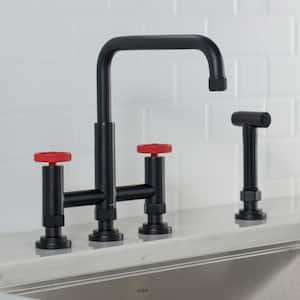 Urbix Double-Handle Transitional Bridge Kitchen Faucet with Side Sprayer in Matte Black/Red