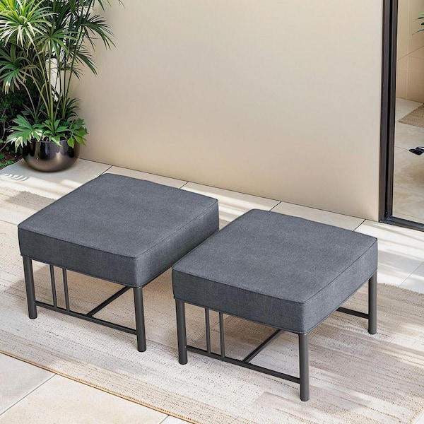 Bingdwen 2-Piece Black Metal Outdoor Ottoman Patio Footstool with 5 in. Olefin Gray Cushion for Backyard, Porch
