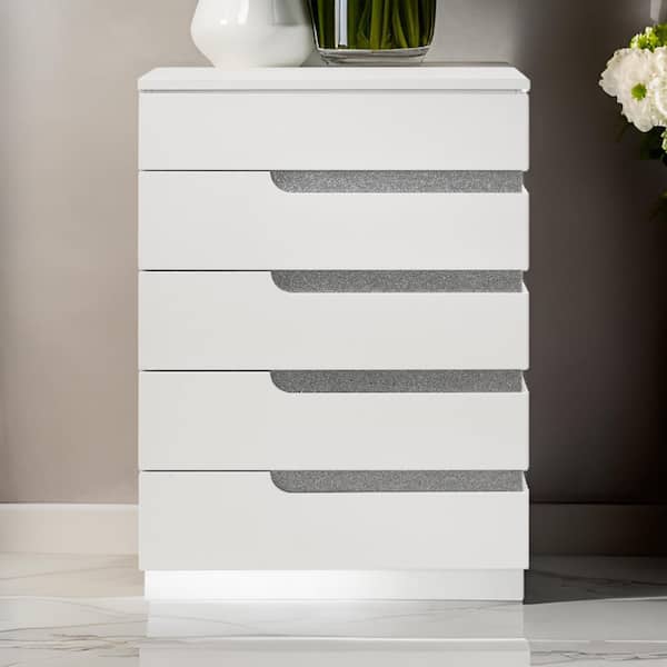 Benjara White and Silver 5-Drawers 35.04 in. Dresser without Mirror