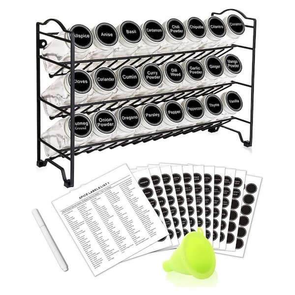 3 Tier Black Countertop Wall Mount Spice Rack Organizer with 24 Glass Jars, 396 Labels and Funnel Set