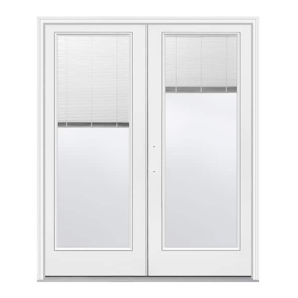 JELD-WEN 60 in. x 80 in. Right-Hand/Outswing Low-E 1 Lite Primed Fiberglass Double Prehung Patio Door with Internal Blinds