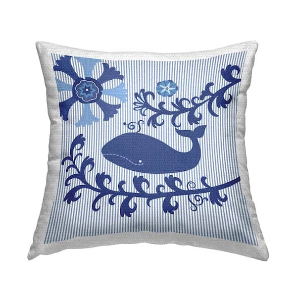 Stupell Industries Marine Whale Floral Coral Stripes Blue Square Outdoor Throw Pillow
