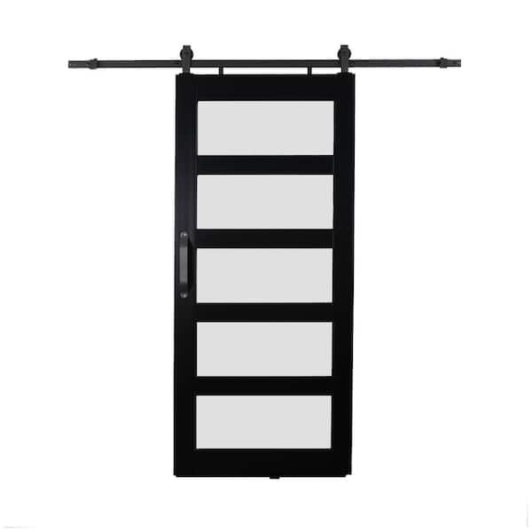 Montana 42 in. x 84 in. Frosted Glass 5-Lite Black PVC Vinyl Sliding Barn Door with Hardware Kit-Door Assembly Required