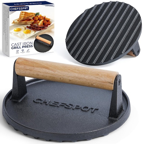 CHEFSSPOT Preseason Cast Iron Round Burger Press - Rigged Surface - Great for Smash Burgers, Bacon, Steaks and Grill Marks