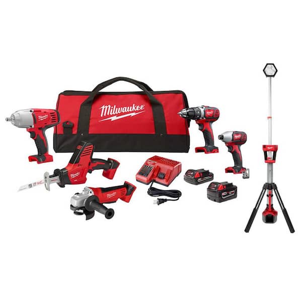 Milwaukee M18 18V Lithium-Ion Cordless Combo Kit (5-Tool) with (2) Batteries, Charger, and Tool Bag w/Dual Power Tower Light