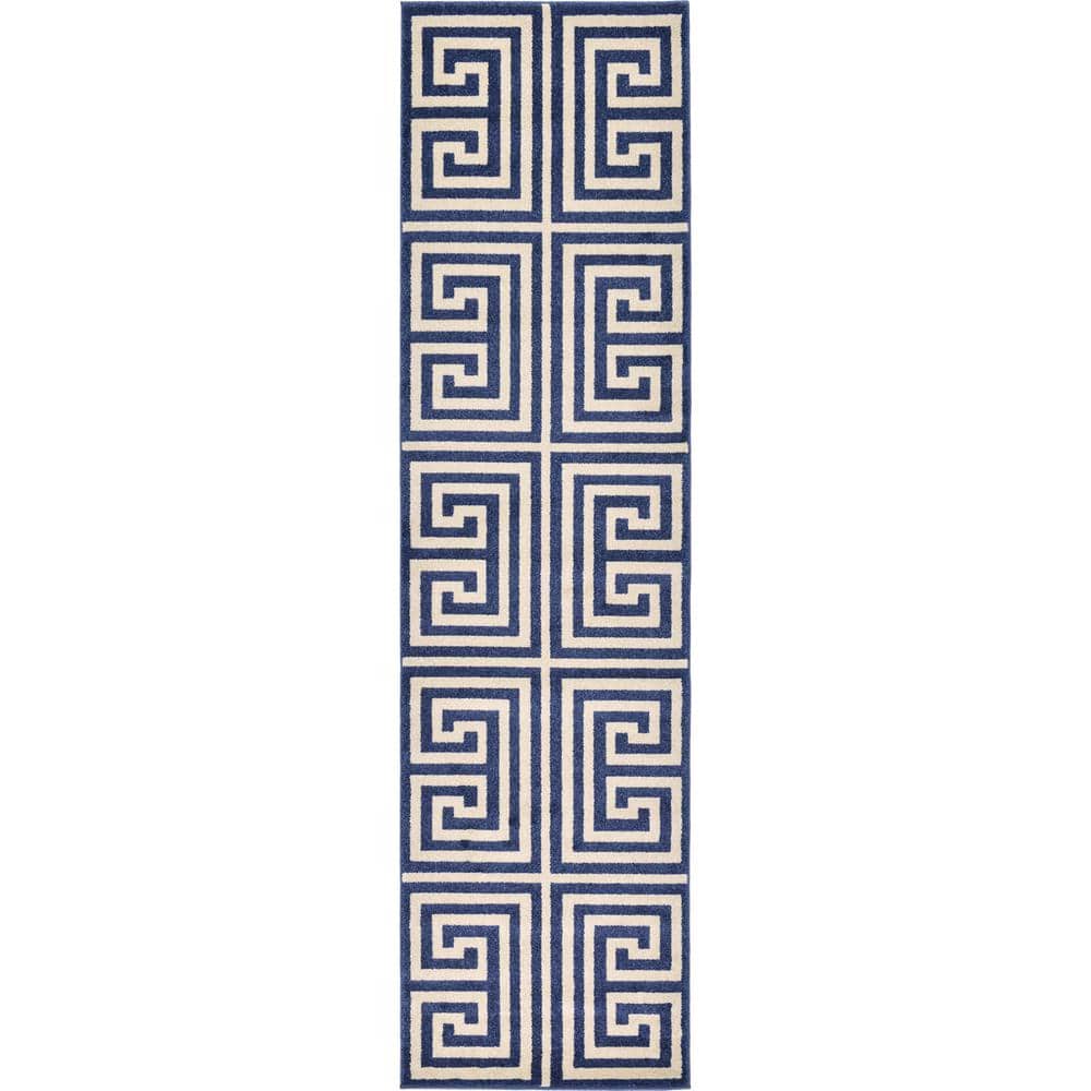 Navy Blue Geometric Stain-Resistant Synthetic Runner Rug