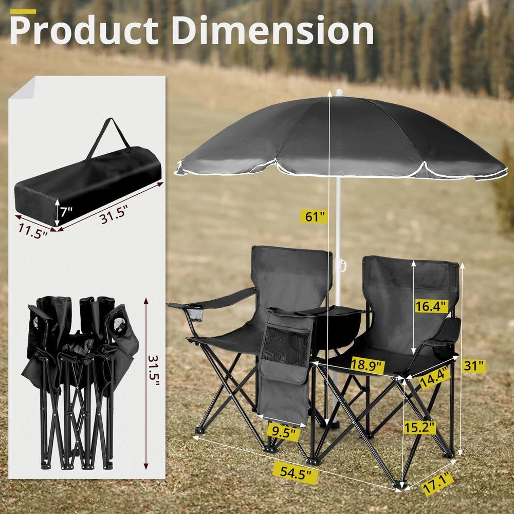 Black Portable Two-Person Fishing Chair with Removable Umbrella