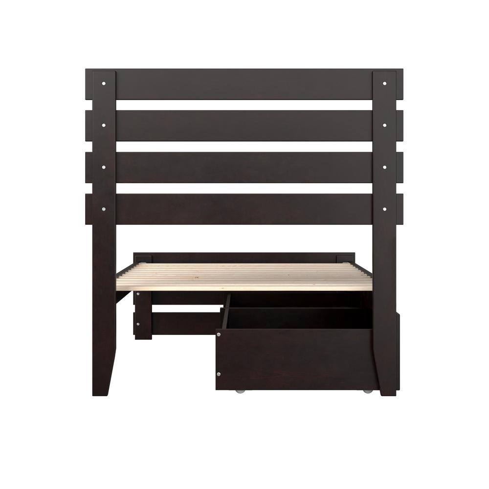 Espresso Twin Wood Storage Bed with Slatted Headboard and Drawers