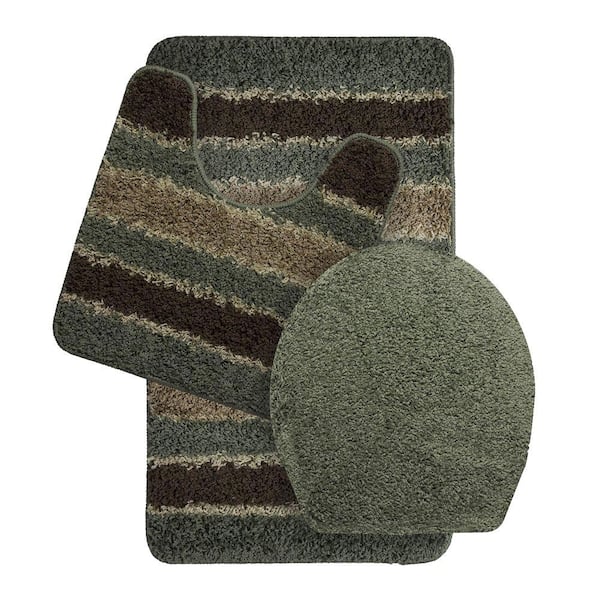 Bath Frieze Deliso Olefin Stripe Non-Slip Sage 3-Piece Bath Rug Set