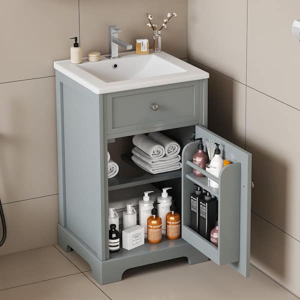 20 in. Single Sink Gray Bath Vanity with White Ceramic Top Soft Closing Door, Storage Rack and Adjustable Shelve