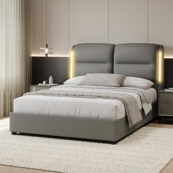 Gray Wood Frame Queen Size PU Upholstered Platform Bed with Lift Up Storage and Sensor LED Lights