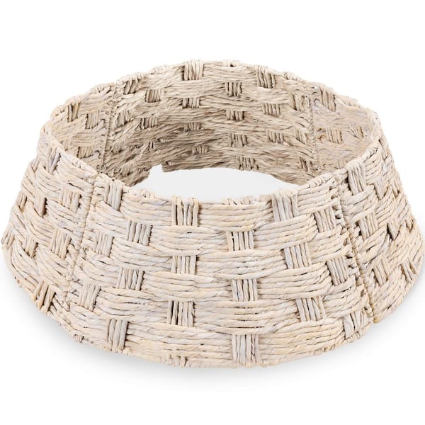 36 in. Basket Woven Hyacinth Christmas Cellulose Tree Collar, Skirt Accessory with Cord Cut-Out in White Washed