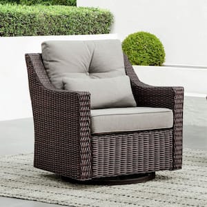 Thaddeus Brown Fabric Rocking Swivel Wicker Accent Chair Rattan Chair with Gray Cushions for Outdoor & Indoor