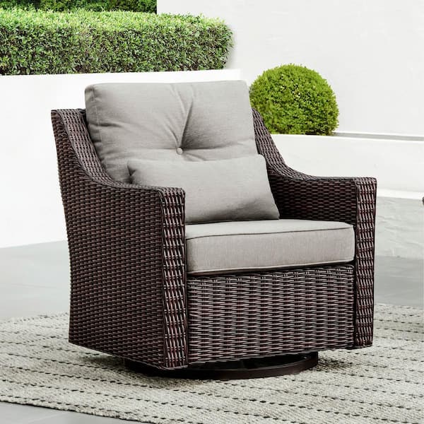 Spruce & Spring Thaddeus Brown Fabric Rocking Swivel Wicker Accent Chair Rattan Chair with Gray Cushions for Outdoor & Indoor