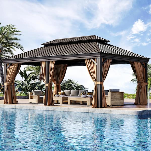 12 ft. x 20 ft. Aluminum Frame Hardtop Gazebo with Double Roof, Privacy Curtain, and Mosquito Net
