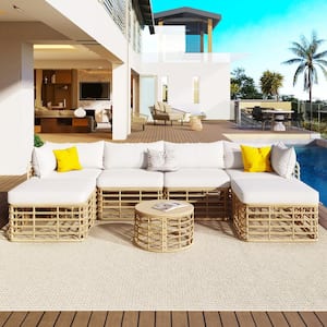 7-Piece Wicker Outdoor Sectional Set with Beige Cushions and Round Coffee Table