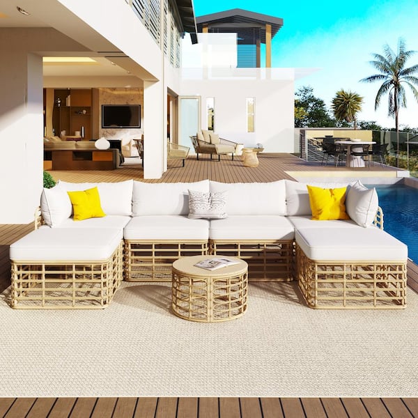 Tenleaf 7-Piece Wicker Outdoor Sectional Set with Beige Cushions and Round Coffee Table