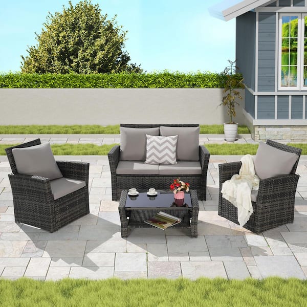Unbranded 4-Piece Wicker Patio Conversation Set with Light Gray Cushions and Coffee Table