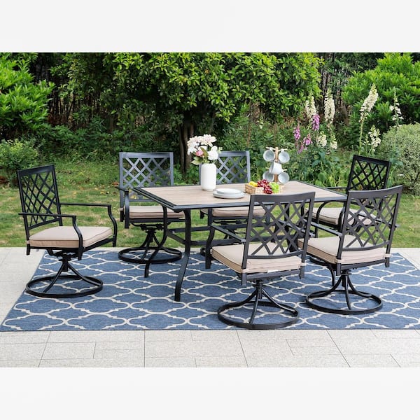 PHI VILLA Black 7-Piece Metal Patio Outdoor Dining Set with Wood-Look Umbrella Table and Swivel Chairs with Beige Cushions