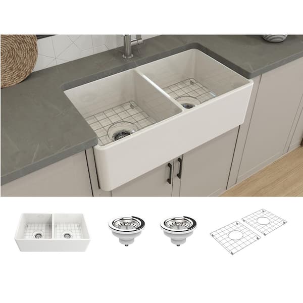 Oak Glen 33 in. Farmhouse Apron Front White Fireclay Double Bowl Kitchen Sink