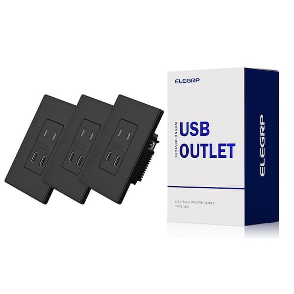 USB Wall Outlet w/ 2A & 2C USB Ports, 42-Watt Fast Charge 4 Ports USB Charger, Wall Plate Included, Matte Black,3-Pieces