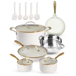 Natural Collection 15-Piece Aluminum Ultra Performance Ceramic Nonstick Cookware Set in Cream with Gold Handles