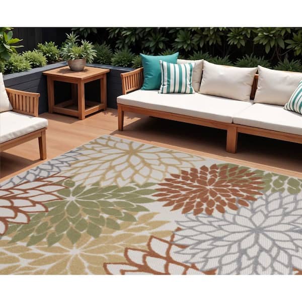 Ivory, Green, Blue 6 ft. x  9 ft. Woven Abstract Polyester Runner Indoor/Outdoor Area Rug