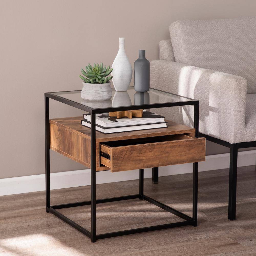 Winnifred Black and Natural Glass-Top Storage End Table - thumbnail 7