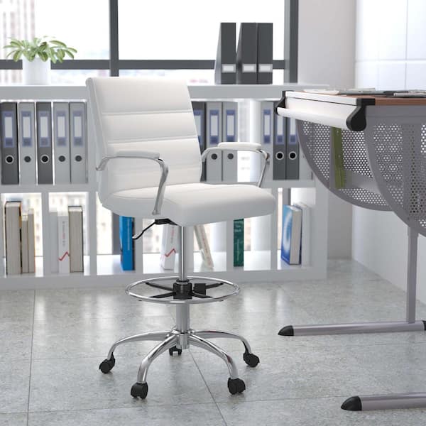 30 in. Mid Back White Metal Drafting Chair with Adjustable Foot Ring and Chrome Base