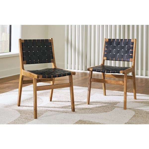 Fortmaine Brown/Black Leather with Solid Wood Frame Side Chair Set of 2
