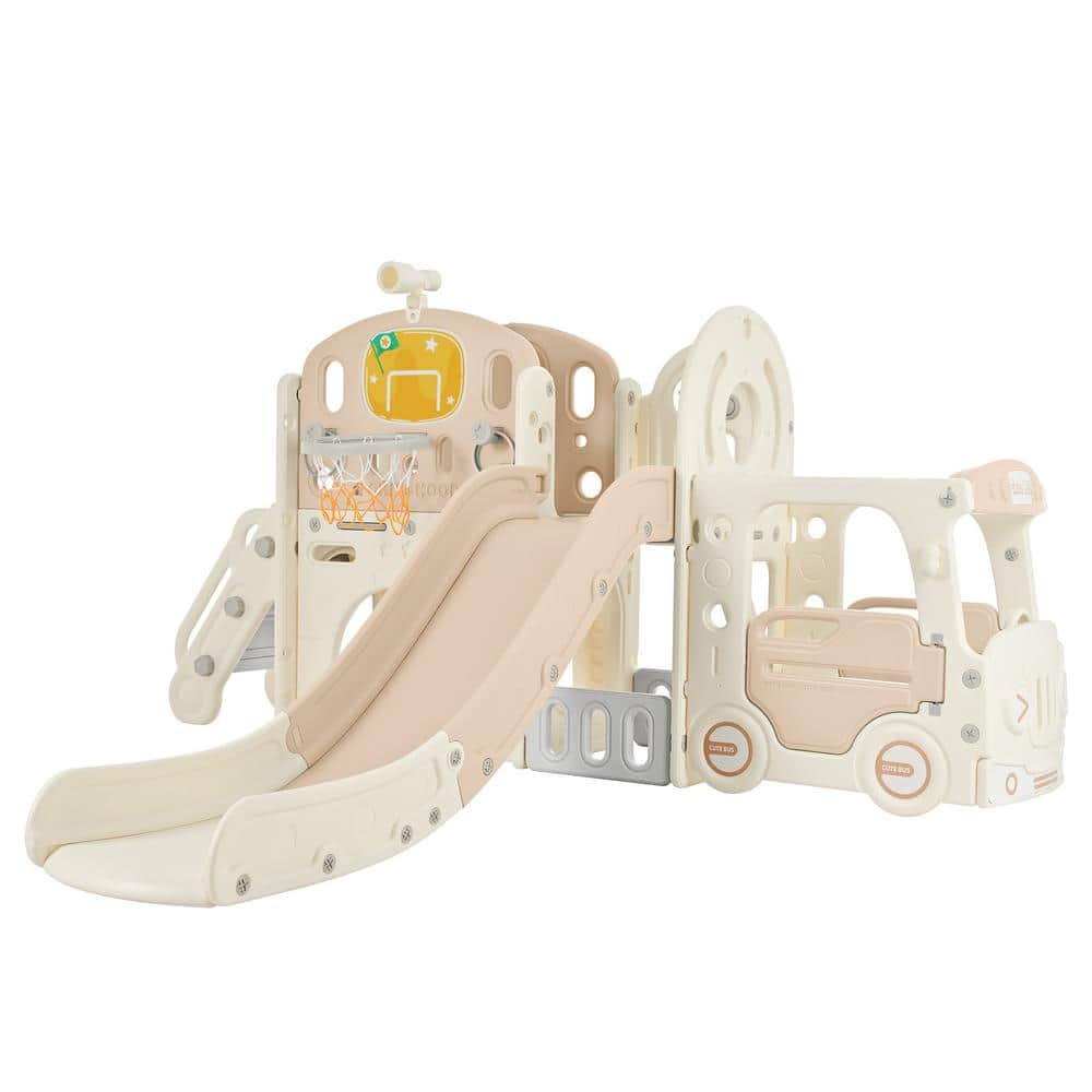 Pink and White Bus Model 9-in-1 Castle Climbing Slide Swing Set Playset ...