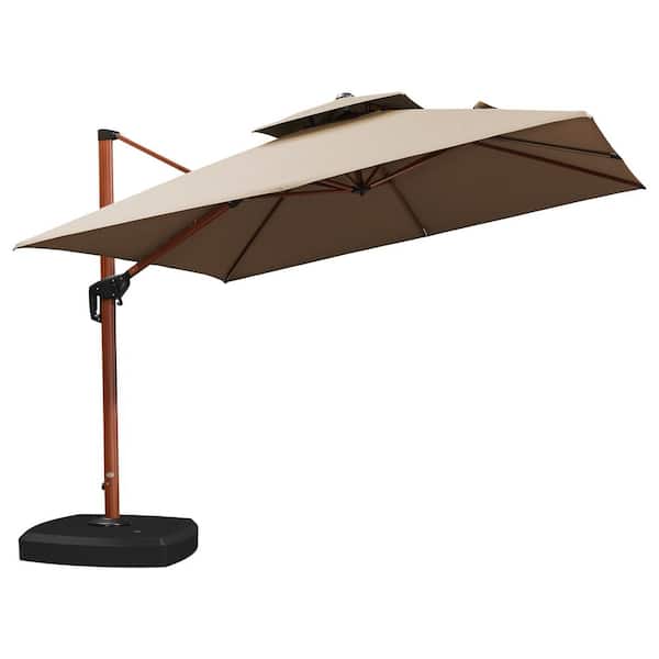 PURPLE LEAF 10 ft. Sunbrella Aluminum Square 360° Rotation Wood Pattern Cantilever Outdoor Patio Umbrella With Wheels Base, Beige