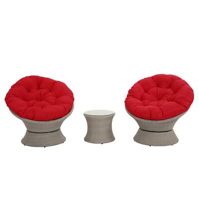 3-Piece Wicker Outdoor Patio Sectional Set with Red Cushions
